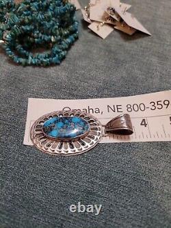 Vintage Sterling Silver Navajo Southwestern Large Turquoise Necklace Pendant