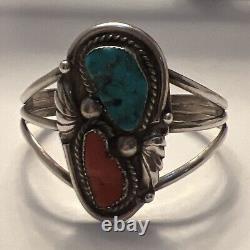 Vintage Sterling Silver Navajo Turquoise Coral Cuff Bracelet Stamped RHY