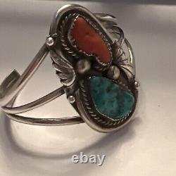 Vintage Sterling Silver Navajo Turquoise Coral Cuff Bracelet Stamped RHY