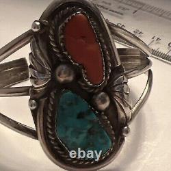 Vintage Sterling Silver Navajo Turquoise Coral Cuff Bracelet Stamped RHY