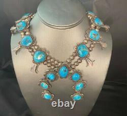 Vintage Sterling Silver Navajo Turquoise Squash Blossom Necklace Wallace Yazzie