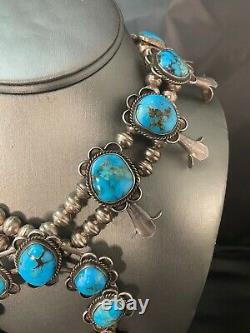 Vintage Sterling Silver Navajo Turquoise Squash Blossom Necklace Wallace Yazzie