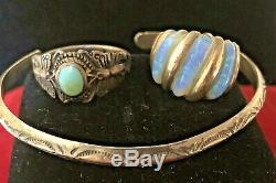 Vintage Sterling Silver Opal & Turquoise 2 Ring Cuff Bracelet Native American
