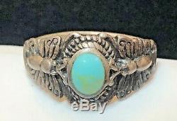 Vintage Sterling Silver Opal & Turquoise 2 Ring Cuff Bracelet Native American