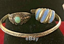 Vintage Sterling Silver Opal & Turquoise 2 Ring Cuff Bracelet Native American