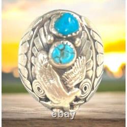 Vintage Sterling Silver Ring Navajo Turquoise Stones & Eagle Size 9 Wide Band