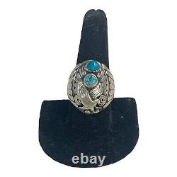 Vintage Sterling Silver Ring Navajo Turquoise Stones & Eagle Size 9 Wide Band