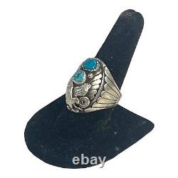 Vintage Sterling Silver Ring Navajo Turquoise Stones & Eagle Size 9 Wide Band