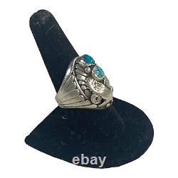 Vintage Sterling Silver Ring Navajo Turquoise Stones & Eagle Size 9 Wide Band