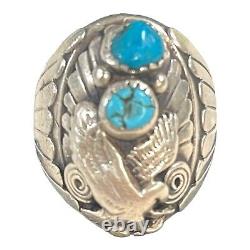 Vintage Sterling Silver Ring Navajo Turquoise Stones & Eagle Size 9 Wide Band