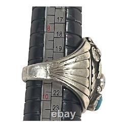 Vintage Sterling Silver Ring Navajo Turquoise Stones & Eagle Size 9 Wide Band