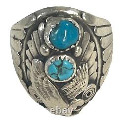 Vintage Sterling Silver Ring Navajo Turquoise Stones & Eagle Size 9 Wide Band