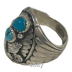 Vintage Sterling Silver Ring Navajo Turquoise Stones & Eagle Size 9 Wide Band