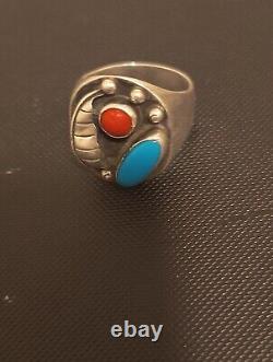 Vintage Sterling Silver Turquoise And Coral Navajo Ring Size 11