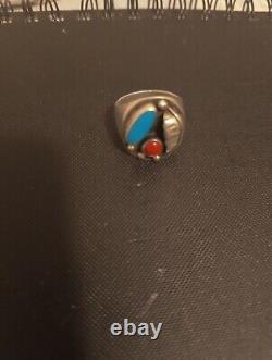 Vintage Sterling Silver Turquoise And Coral Navajo Ring Size 11