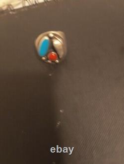 Vintage Sterling Silver Turquoise And Coral Navajo Ring Size 11