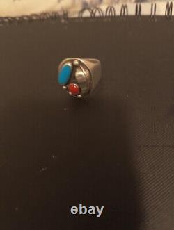 Vintage Sterling Silver Turquoise And Coral Navajo Ring Size 11