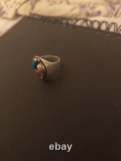 Vintage Sterling Silver Turquoise And Coral Navajo Ring Size 11