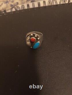 Vintage Sterling Silver Turquoise And Coral Navajo Ring Size 11