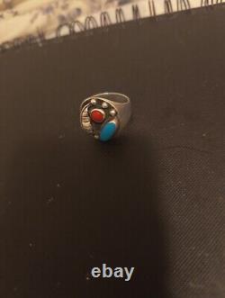 Vintage Sterling Silver Turquoise And Coral Navajo Ring Size 11