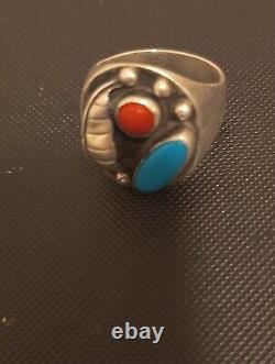 Vintage Sterling Silver Turquoise And Coral Navajo Ring Size 11