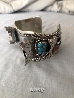 Vintage Sterling Silver Turquoise Coral Old Navajo Watch Cuff Robt Kelley