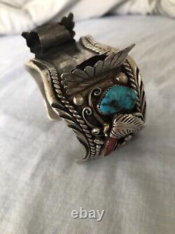 Vintage Sterling Silver Turquoise Coral Old Navajo Watch Cuff Robt Kelley
