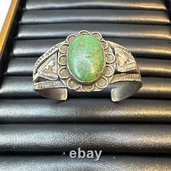 Vintage Sterling Silver Turquoise Cuff Bracelet Had Carved Navajo Style Native