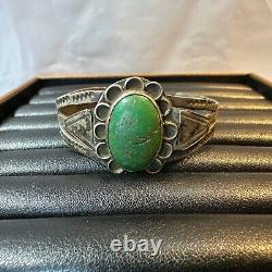 Vintage Sterling Silver Turquoise Cuff Bracelet Had Carved Navajo Style Native