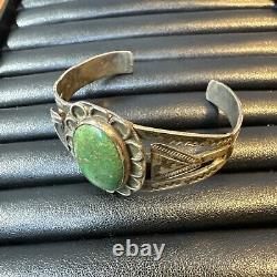 Vintage Sterling Silver Turquoise Cuff Bracelet Had Carved Navajo Style Native