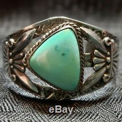 Vintage Sterling Silver Turquoise Cuff Bracelet Old Pawn Fred Harvey Arrows. 925