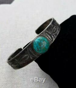 Vintage Sterling Silver Turquoise Navajo Cuff Bracelet Good Luck Southwest