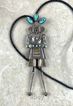 Vintage Sterling Silver Turquoise Navajo Lather Bolo Tie 4 3/4-1 3/4Weight 84g