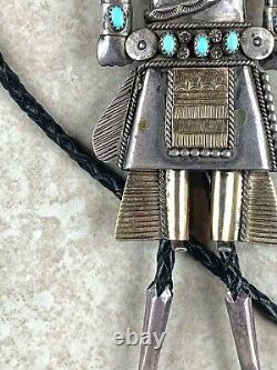 Vintage Sterling Silver Turquoise Navajo Lather Bolo Tie 4 3/4-1 3/4Weight 84g