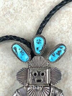 Vintage Sterling Silver Turquoise Navajo Lather Bolo Tie 4 3/4-1 3/4Weight 84g