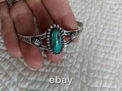 Vintage Sterling Silver Turquoise Navajo Stamped Cuff Bracelet