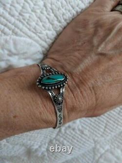 Vintage Sterling Silver Turquoise Navajo Stamped Cuff Bracelet