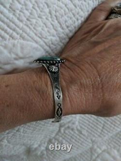 Vintage Sterling Silver Turquoise Navajo Stamped Cuff Bracelet