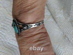 Vintage Sterling Silver Turquoise Navajo Stamped Cuff Bracelet