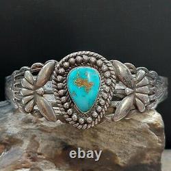 Vintage Sterling Silver Turquoise Tribal Tooled Cuff Bracelet Native Navajo