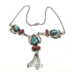 Vintage Sterling Silver Yazzie Navajo Turquoise Coral Feather Necklace 18 inch