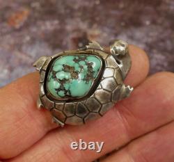 Vintage Sterling Silver Zuni or Navajo Turquoise Turtle Ring, Size 7.5, Signed