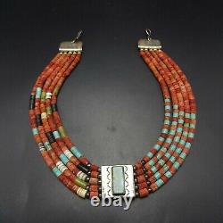 Vintage TONY AGUILAR Sr Sterling Silver CORAL TURQUOISE 5-Strand Choker NECKLACE