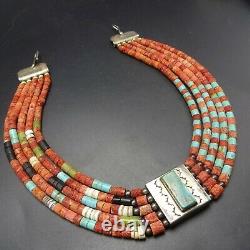 Vintage TONY AGUILAR Sr Sterling Silver CORAL TURQUOISE 5-Strand Choker NECKLACE