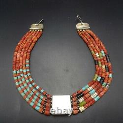 Vintage TONY AGUILAR Sr Sterling Silver CORAL TURQUOISE 5-Strand Choker NECKLACE