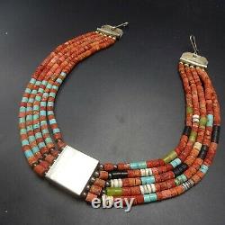 Vintage TONY AGUILAR Sr Sterling Silver CORAL TURQUOISE 5-Strand Choker NECKLACE