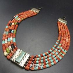 Vintage TONY AGUILAR Sr Sterling Silver CORAL TURQUOISE 5-Strand Choker NECKLACE