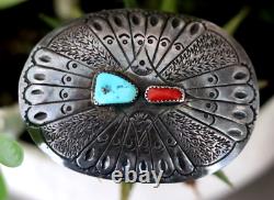 Vintage TURQUOISE & CORAL BELT BUCKLE signed R PETER sterling silver Navajo