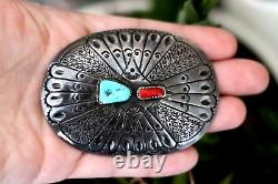 Vintage TURQUOISE & CORAL BELT BUCKLE signed R PETER sterling silver Navajo