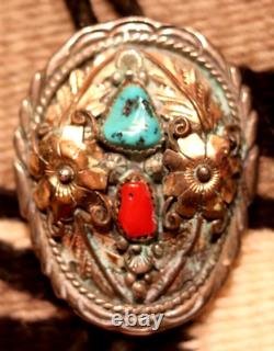 Vintage TURQUOISE CORAL squash blossom bolo STERLING 10k signed Richard Begay RB